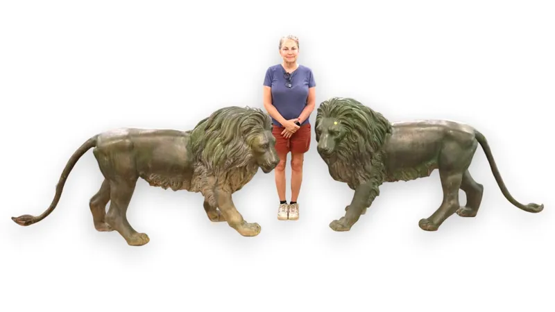 Awesome 6 x 3 ft Match Pair Standing Bronze Lions from auction in Logan Township, New Jersey