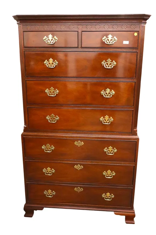 Beautiful Baker burl mahogany chest on chest from auction in Logan Township, New Jersey
