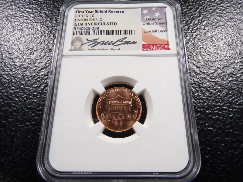 2010-D NGC GEM UNC. FIRST YEAR UNION SHIELD REVERSE WITH SIGNATURE LINCOLN CENT from auction in Englewood, Ohio