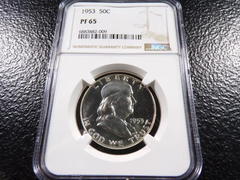 1953 NGC PF65 FRANKLIN SILVER PROOF HALF DOLLAR from auction in Englewood, Ohio