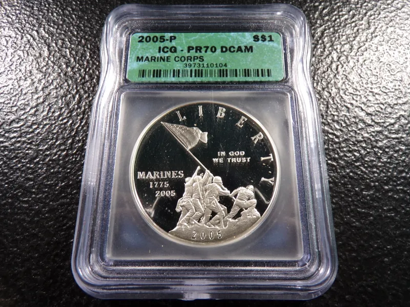 2005-P ICG PR70 DCAM MARINE CORPS SILVER PROOF DOLLAR from auction in Englewood, Ohio
