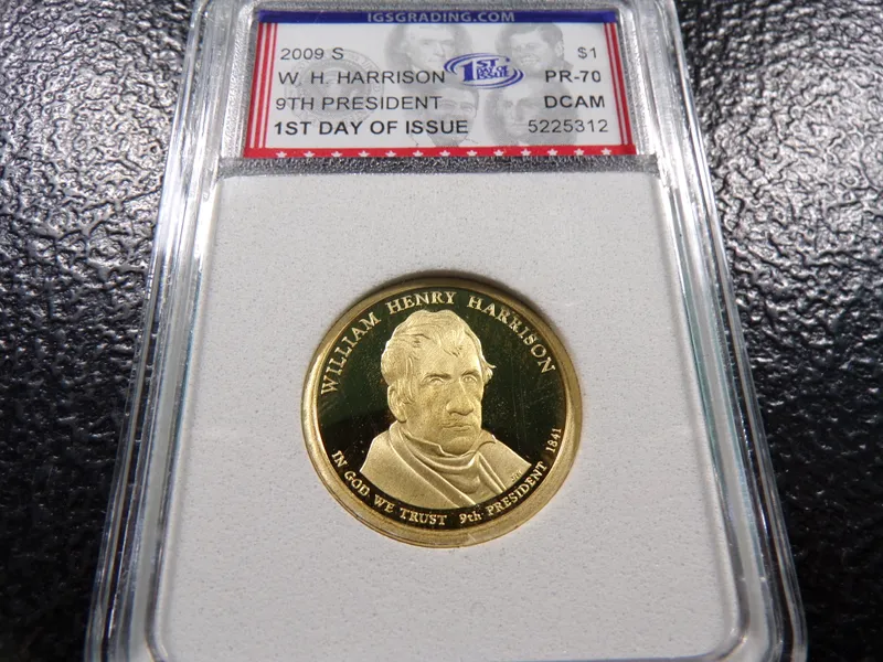 2009-S IGS PR70 DCAM W. H. HARRISON FIRST DAY ISSUE 9TH PRESIDENT PROOF DOLLAR from auction in Englewood, Ohio