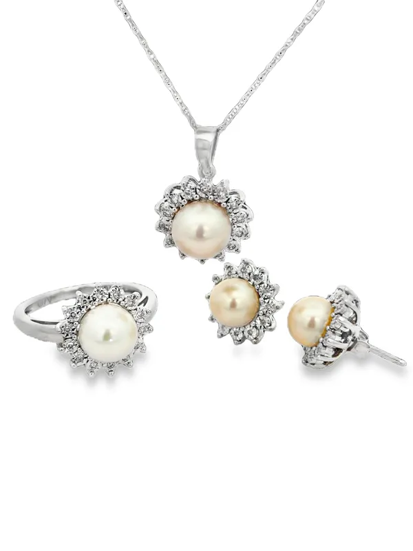 Pearl & Diamond Ring Necklace Earrings Set from auction in Port St Lucie, Florida