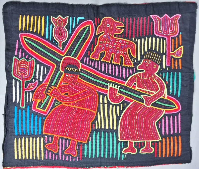 Guna Mola Panel Two Figures Bearing a Cross from auction in Princeton, New Jersey
