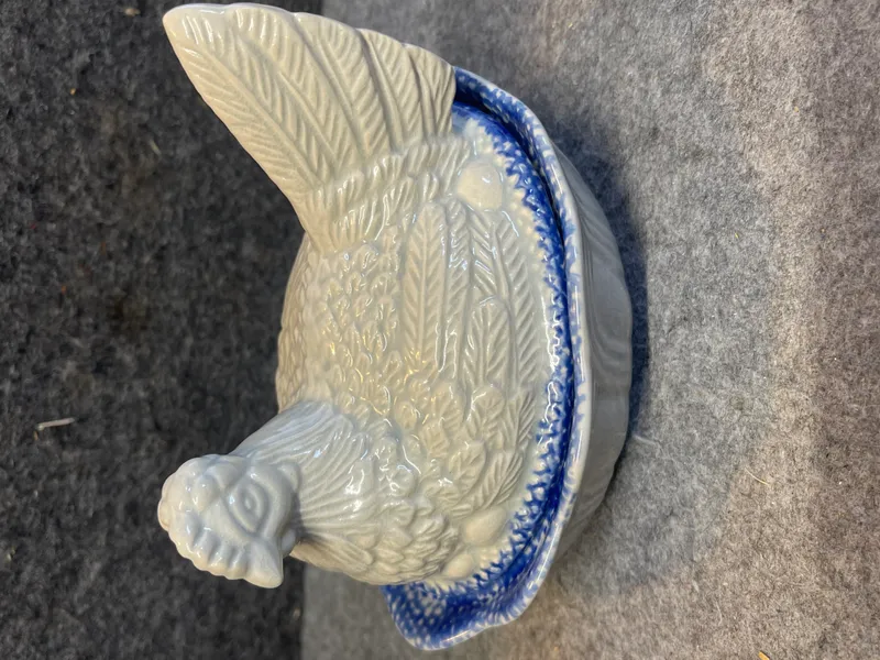 Chinese Ceramic Hen-on-Nest Covered Dish with Blue Spongeware Trim from auction in Brewton, Alabama