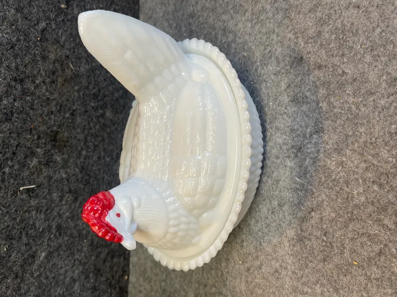 Westmoreland Milk Glass Hen on Nest Split Tail Covered Dish from auction in Brewton, Alabama