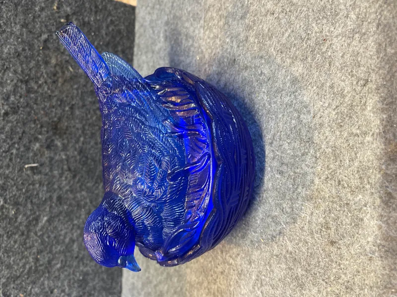 Hazel-Atlas Cobalt Blue Carnival Glass Bird on Nest Covered Dish from auction in Brewton, Alabama