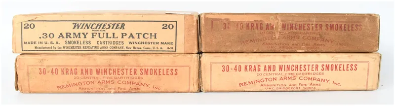 A Lot of 80 Winchester and Remington .30-40 Krag and .30 Army Ammunition Items with 20 Live Rounds and 60 Empty Brass Casings from auction in Henderson, Texas