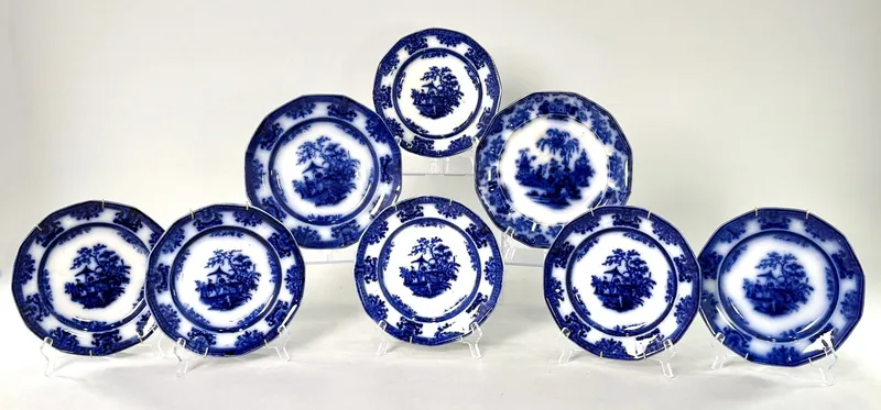 Group of 8 Davenport "Amoy" Flow Blue Plates from auction in Cranston, Rhode Island
