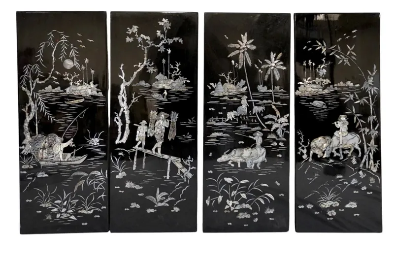 4 BLACK LACQUER WITH MOP INLAY WALL PANELS from auction in Mount Pleasant, South Carolina