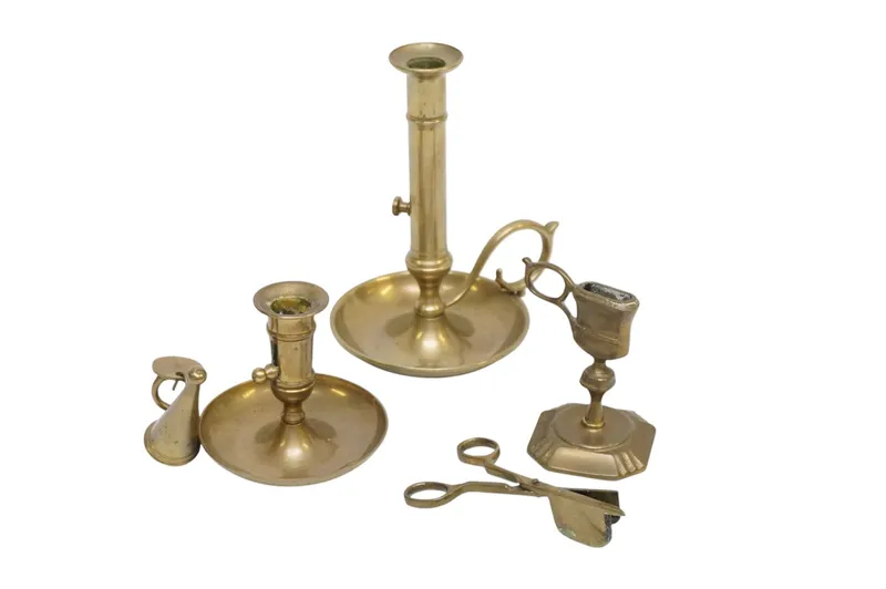 3 ANTIQUE 19th c BRASS CANDLESTICKS PLUS from auction in Mount Pleasant, South Carolina