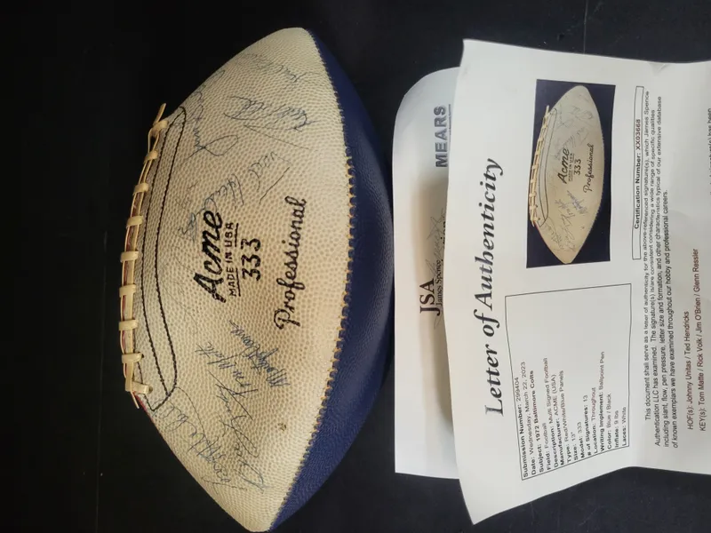 I03091 | 1972 Baltimore Colts Multi-Signed Acme 333 Professional Football with JSA LOA Including Johnny Unitas and Ted Hendricks from auction in Frederick, Maryland