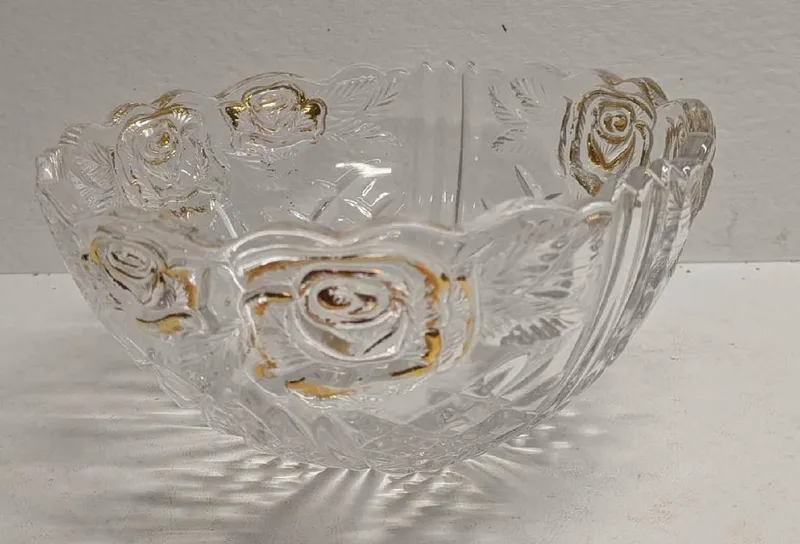 Vintage Clear Glass Bowl With Raised Gold Flower Design from auction in Orlando, Florida