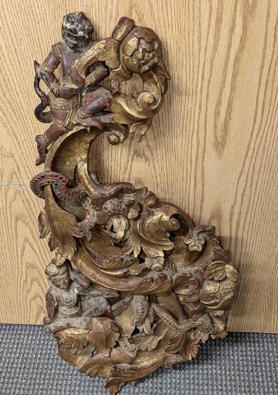 Antique Burmese Woodcrafting Floral And Figures Wall Art from auction in Orlando, Florida