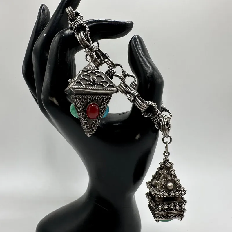 Chunky Etruscan Revival Style Colorful Stone Fob and Locket Charm Silver Bracelet from auction in Orlando, Florida