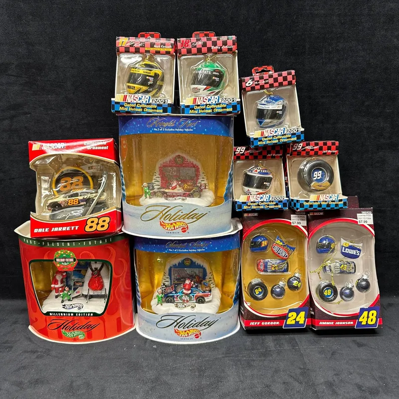 Hot Wheels Holiday and NASCAR Ornament Lot Eleven from auction in Orlando, Florida