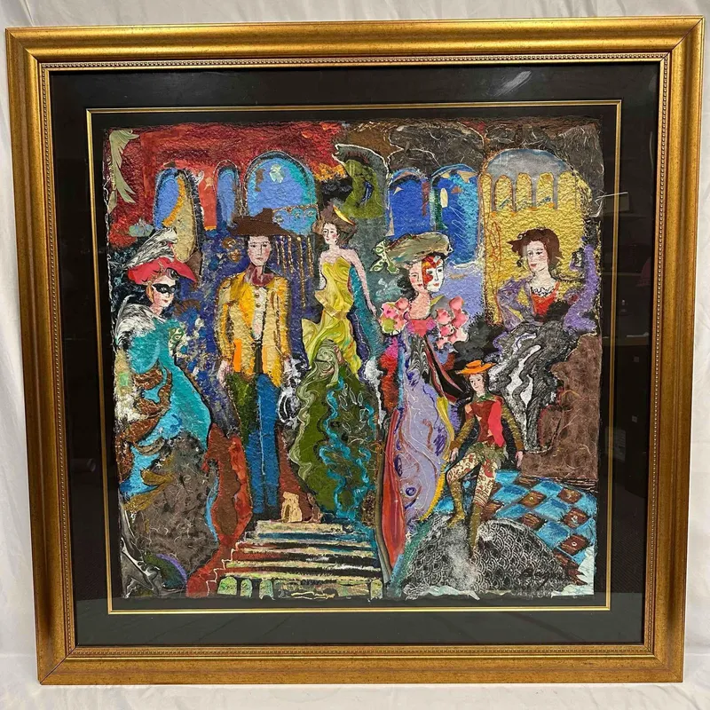 Jane Bazinet Mixed Media Collage Art Painting Colorful Mardi Gras Large Gold Frame from auction in Orlando, Florida