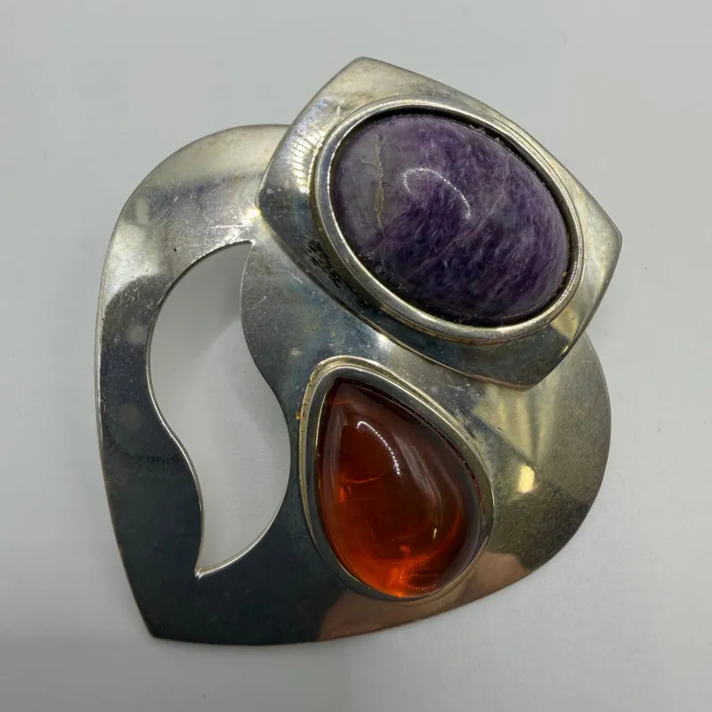 Oval Purple Charoite and Teardrop Amber DTR 925 Sterling Pendant from auction in Orlando, Florida