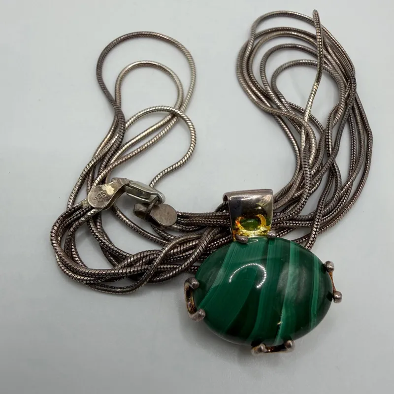 Green Malachite Oval Stone Pendant Sterling Silver Triple Strand Necklace AB18 from auction in Orlando, Florida