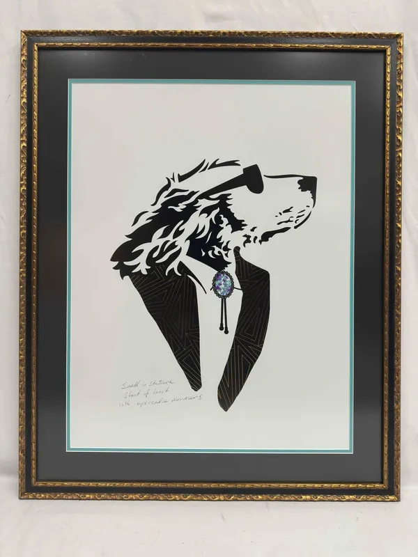 Lonely Dog Gold Geometric Black Suit Jacket Turquoise Bolo Tie Giclee Framed Ivan Clarke Art Print from auction in Orlando, Florida