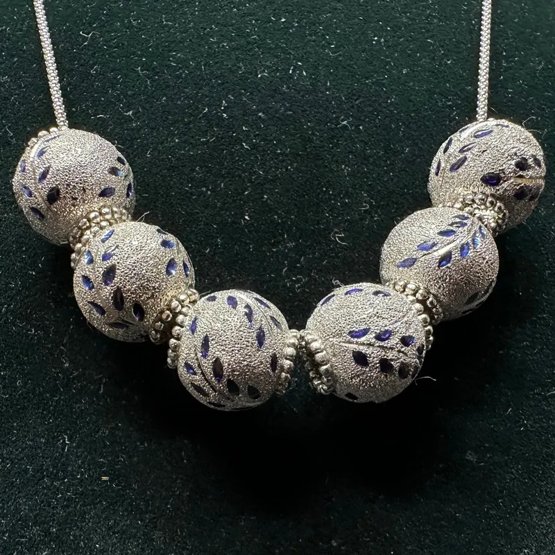 Blue Enamel Leaf Motif Textured 14K White Gold Necklace Six Ball Pendants from auction in Orlando, Florida
