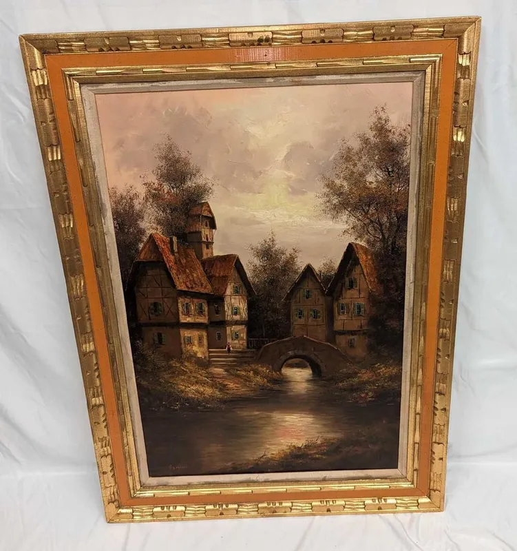 Framed Marineri Original Oil On Canvas Village & Bridge from auction in Orlando, Florida