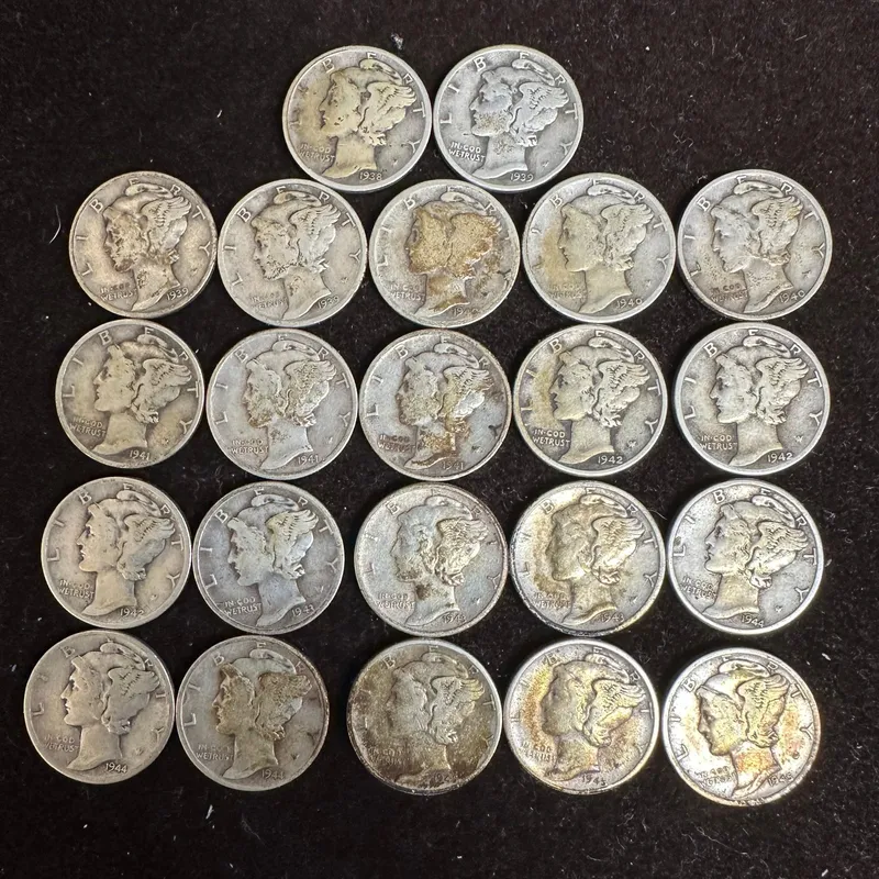 Mercury Dime Mixed Date Ten Cent Coin Collection Lot of 22 Silver Coins O25 from auction in Orlando, Florida