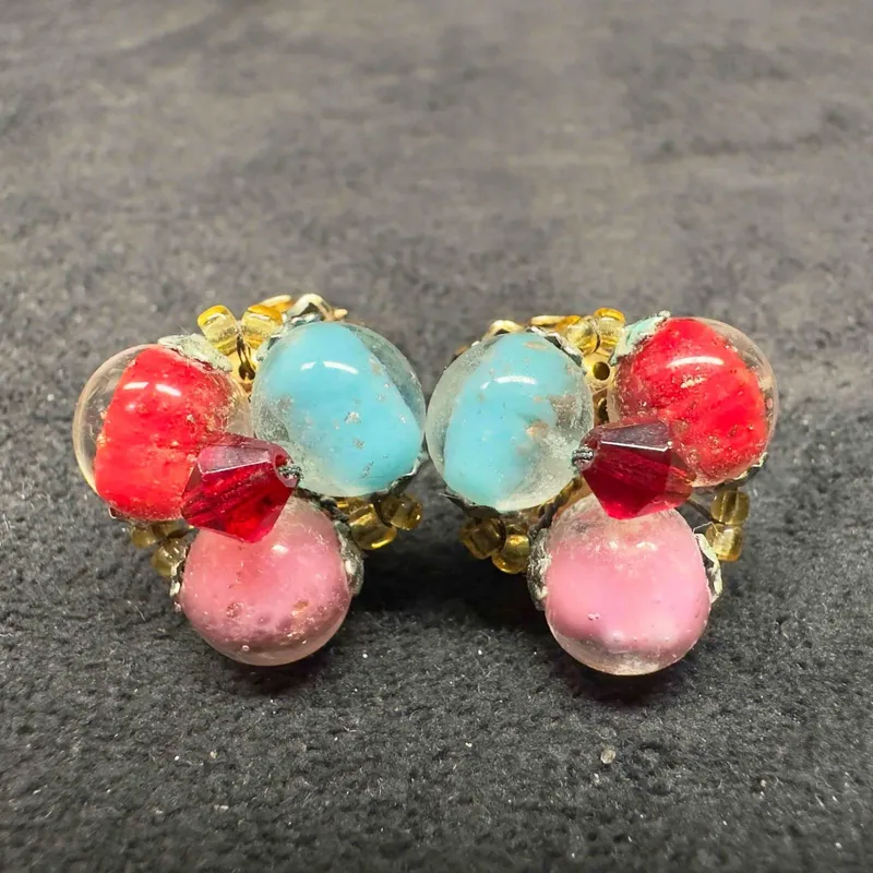 Murano Venetian Art Glass Lamp Work Red Pink Light Blue Round Copper Beaded Earrings D33 from auction in Orlando, Florida