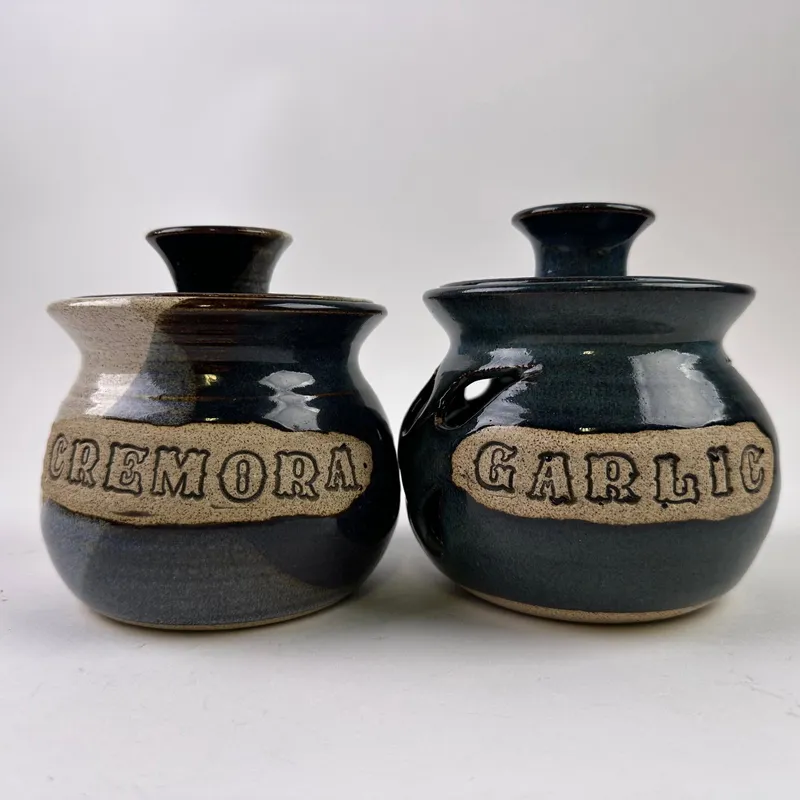 Handcrafted Pottery Crock Garlic and Cremora Jar Keeper Set Signed from auction in Orlando, Florida