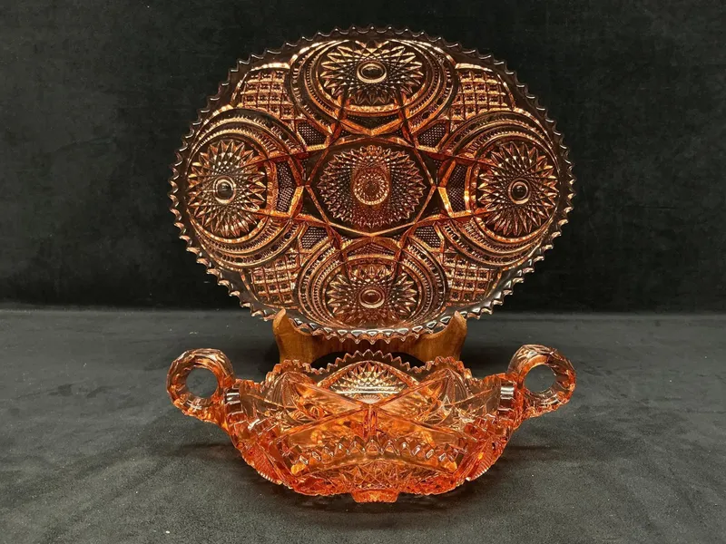 1920s to 30s Imperial Glass Co Marigold Star and Fan Crystal Cut Pattern Platter and Divided Dish from auction in Orlando, Florida