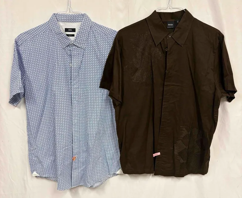 2PC Hugo Boss Blue and Brown Short Sleeve Mens Dress Shirt Bundle from auction in Orlando, Florida