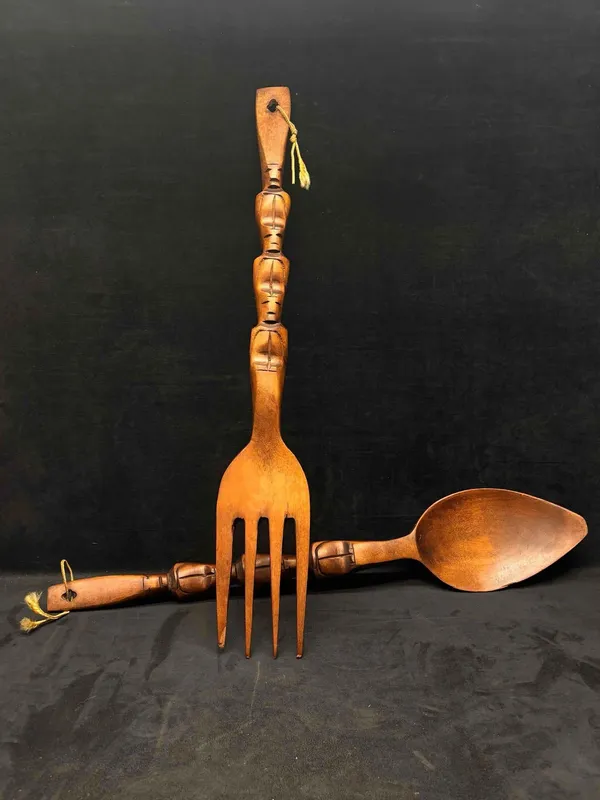 Filipino Tiki Style Handcarved Wooden Spoon and Fork Wall Decorations from auction in Orlando, Florida