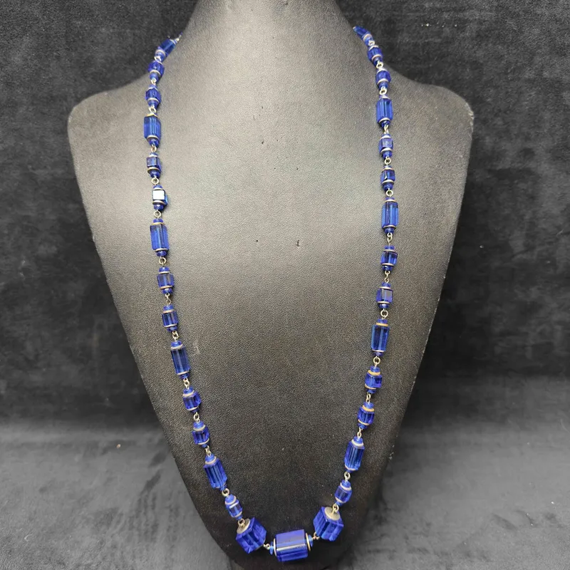 Blue Clear Crystal Glass Square Rectangle Beaded Silver Tone Chain Necklace I47 from auction in Orlando, Florida