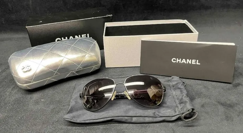 Chanel Black Metal Frame Aviator Sunglasses- 4179 In Original Case & Box from auction in Orlando, Florida