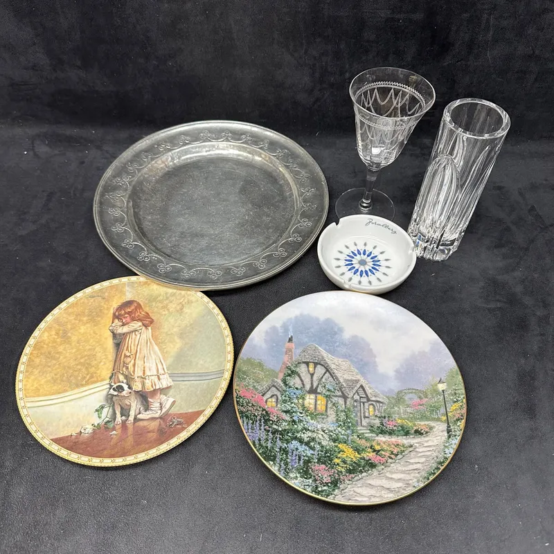 Mixed Decorative Lot Including Pewter Tray Glassware Decorative Plates and Ashtray from auction in Orlando, Florida