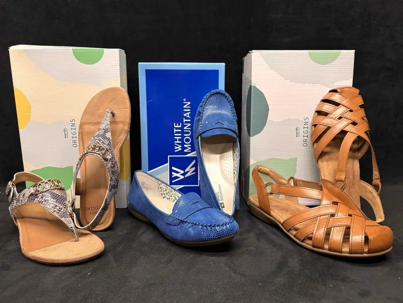 Earth Origins Brown and Snake Print Sandals with White Mountain Blue Loafer Bundle from auction in Orlando, Florida