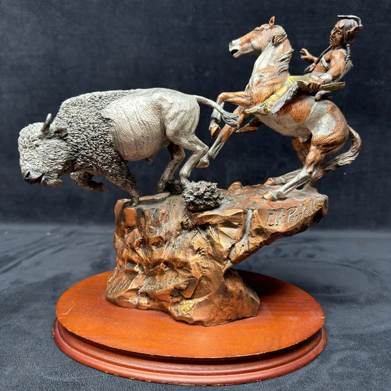 Mixed Media Legends CA Pardell Native American and Buffalo Sculpture Cliff Hanger R240 from auction in Orlando, Florida