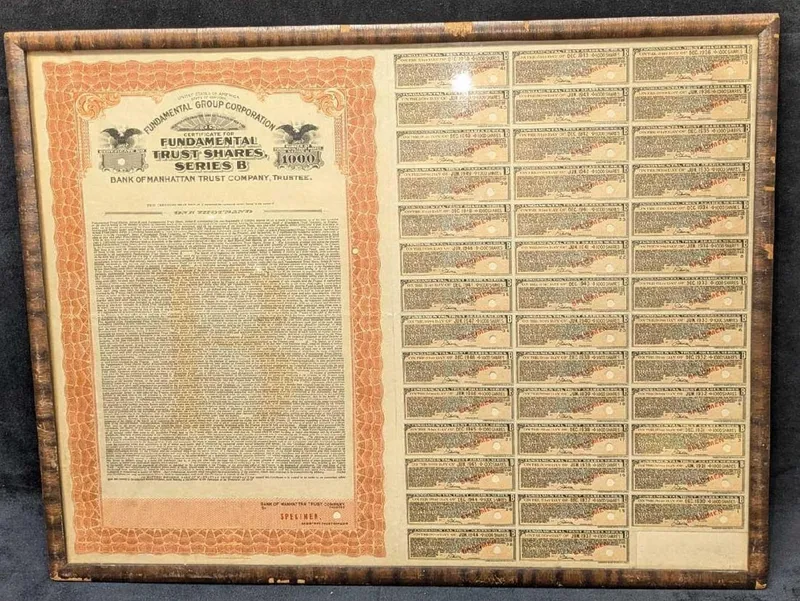 Framed ​​​​​​​Specimens 1940s Manhattan Trust Shares from auction in Orlando, Florida