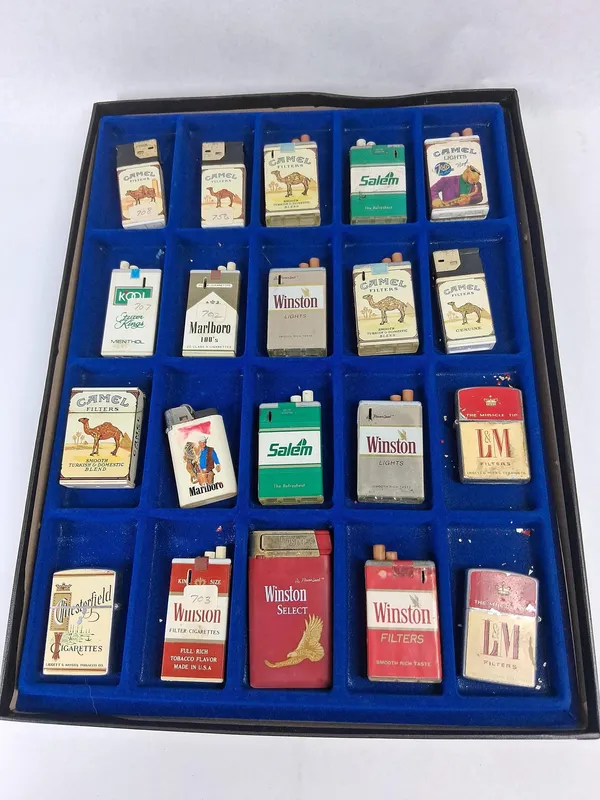 20 Vtg Tobacco Advertising Lighters from auction in Dundee, Ohio