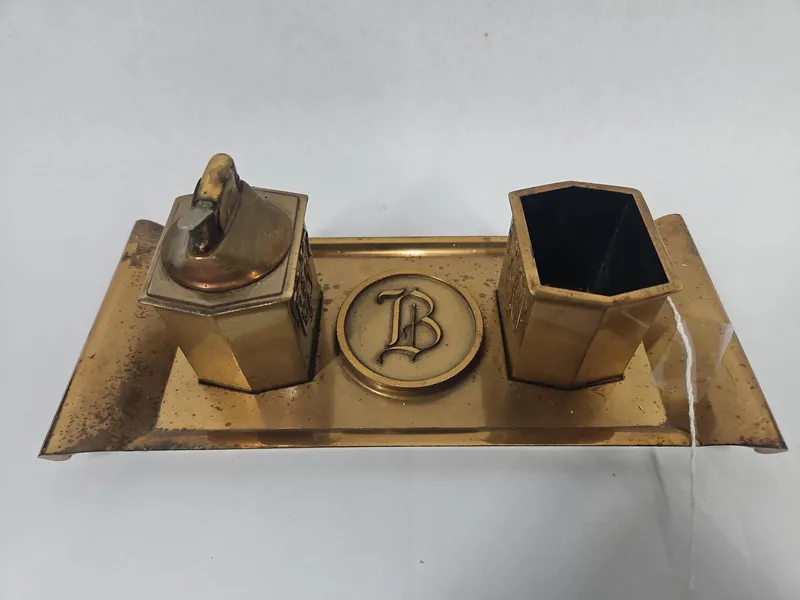 Hyde Park Brass Tone Desk Smoking Trio from auction in Dundee, Ohio