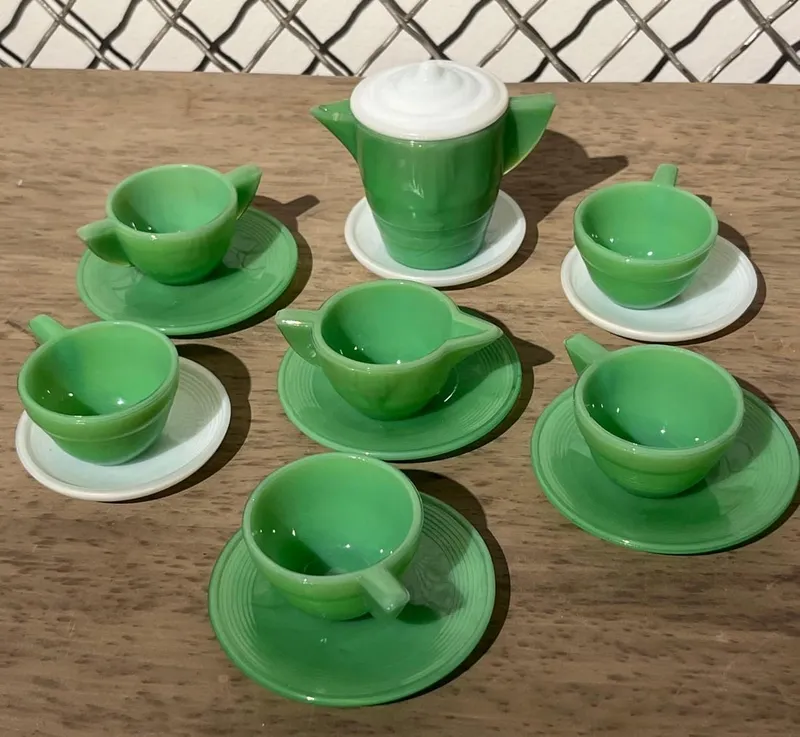 16pc Green & White Slag Glass Tea Set from auction in Dundee, Ohio