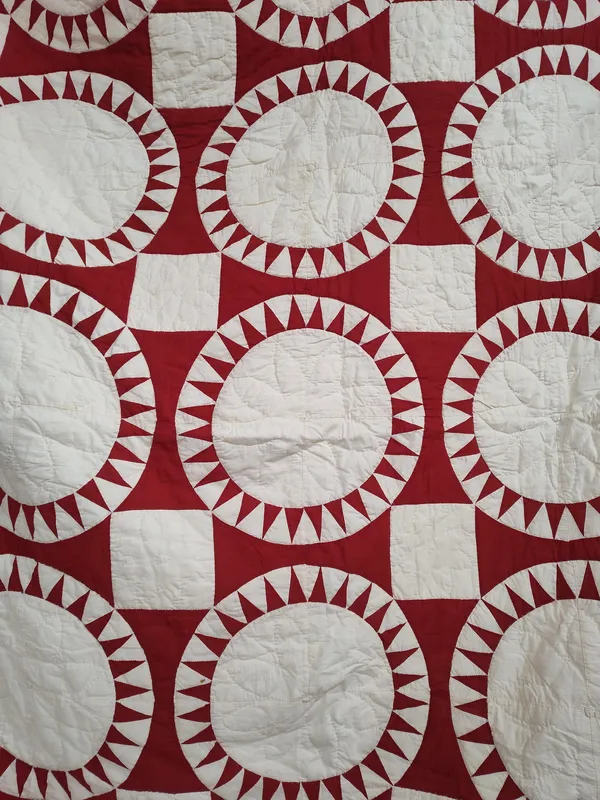 American Red & White Sawtooth Sunburst Quilt, 1886 from auction in Dundee, Ohio