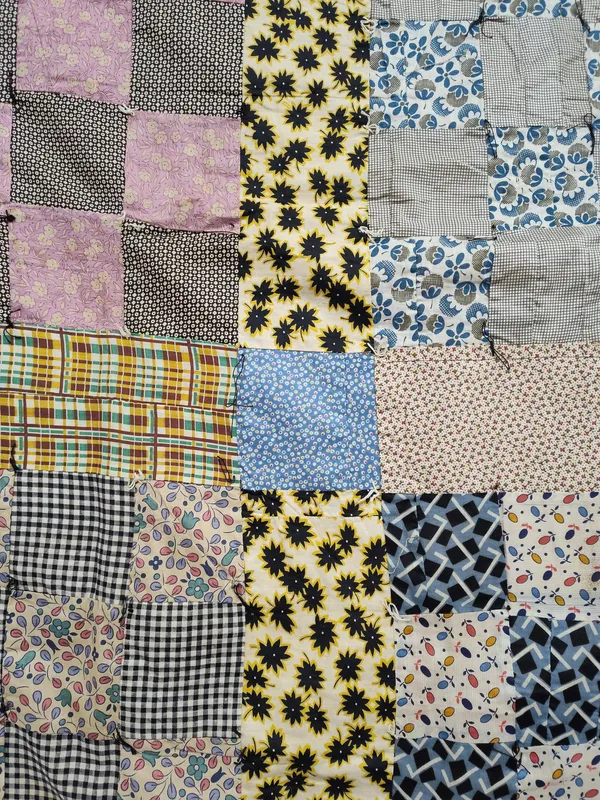 Mid-Century American Hand-Pieced and Hand-Tied Cotton and Suiting Patchwork Utility Quilt from auction in Dundee, Ohio