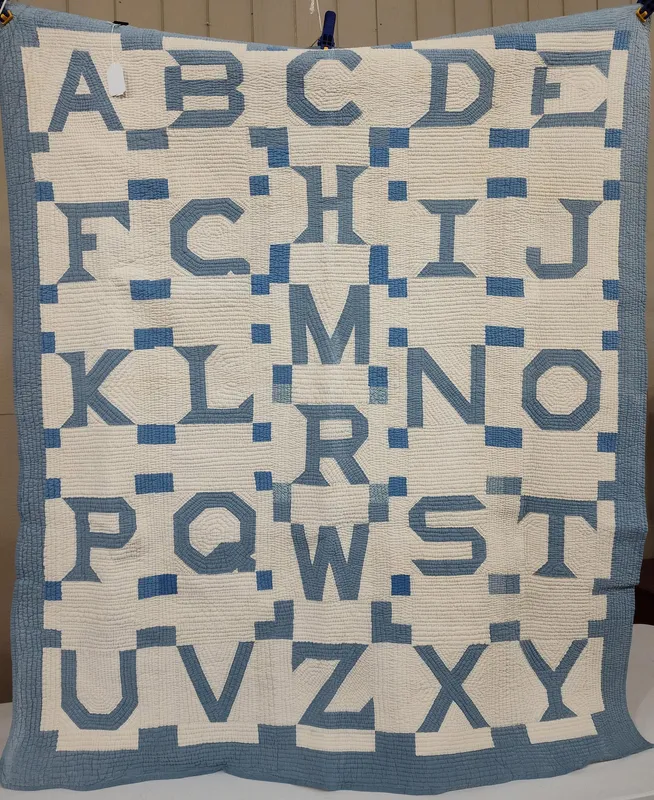 American Blue & White Applique Alphabet Quilt from auction in Dundee, Ohio