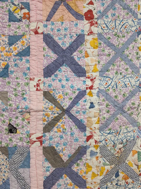 Mid-20th C. Criss-Cross Patchwork Feed Sack Quilt from auction in Dundee, Ohio