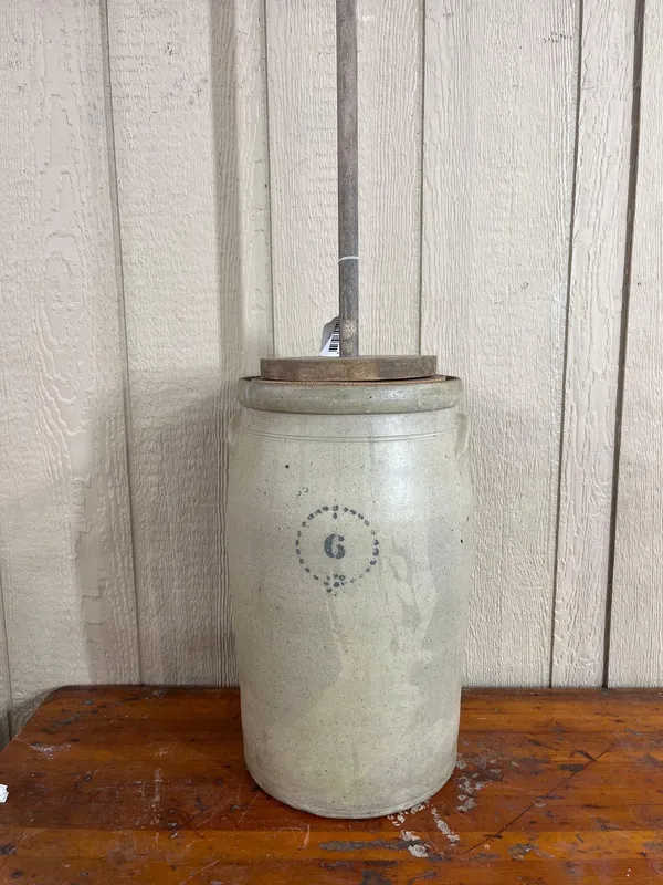 Salt Glazed Butter Churn w/Lid & Dasher from auction in Dundee, Ohio