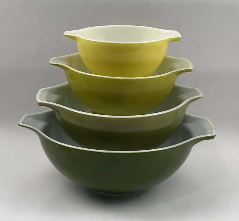 Set 4 Pyrex Verde Cinderella Bowls from auction in Dundee, Ohio