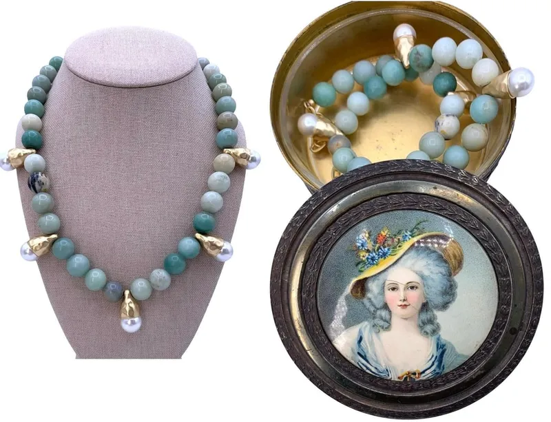 Antique Mirrored Glass Lined Dresser Box with Superb Amazonite Necklace from auction in Dundee, Ohio