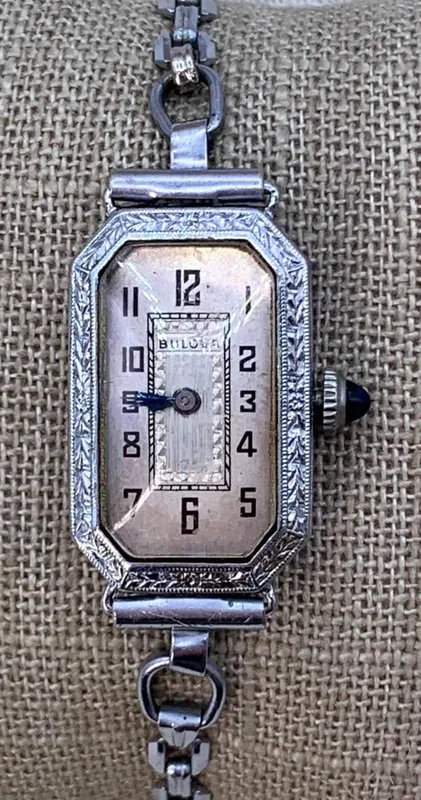 Working 1924 Art Deco Radiant 14k Rolled Gold BULOVA Ladies Wristwatch from auction in Dundee, Ohio