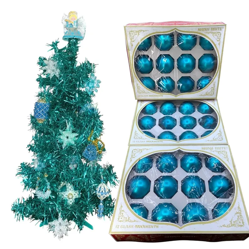 50 pc Vintage SHINY BRITE Teal Glass, Beaded Ornaments, & Aqua Tinsel Tree Christmas Decorations from auction in Dundee, Ohio